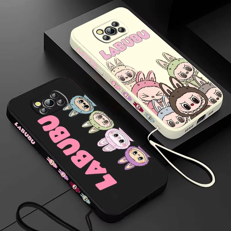 Arte de personaje de anime L-Labubu para funda de teléfono Xiaomi Poco X6 X5 X4 X3 M6 M5 M3 F6 F5 F4 F3 GT Pro 5G, dejado string líquido