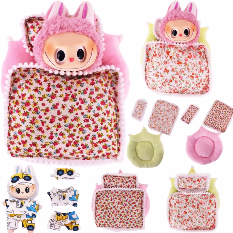 Labubu - Cama mini para muñecas de 15-17 cm, set de 3 piezas con edredón, almohada y accesorios, pijamas de muñeca de algodón suave, saco de dormir para casa y ropa de muñeca.