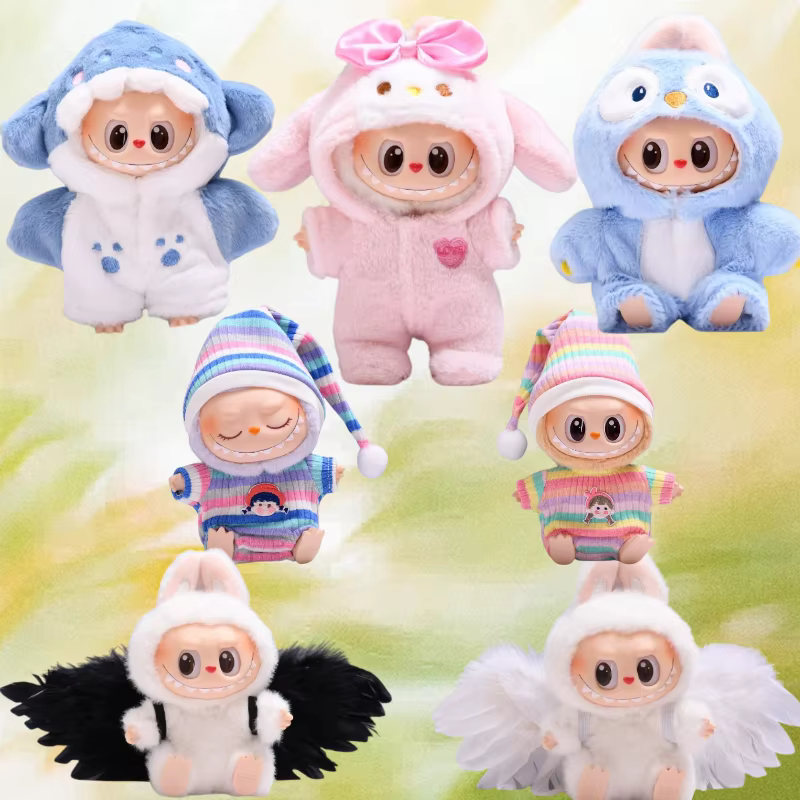 Conjunto de ropa de corte de tiburón y ropa bonita, ropa para muñecas Labubu de 15 cm/17 cm, conjunto de accesorios, ropa para muñecas de peluche.