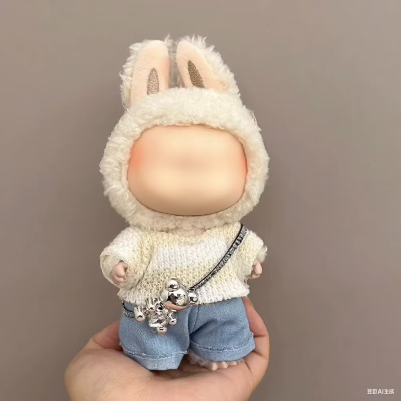 La bolsa incluye los encantadores diseños de la muñeca Labubu de 17 cm, el atuendo del equipo de diseñadores, ropa de muñeca Labubu, suéter de peluche blanco, peluches, juguetes y accesorios. Labubu de alta gama. - Image 3
