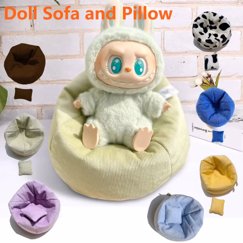 Para un pequeño sofá Labubu con manta, sofá tapizado desgastado y raído y similares para muñeca de 10-17 cm, decoración de habitación de muñecas, acogedores de habitación, 1 Set