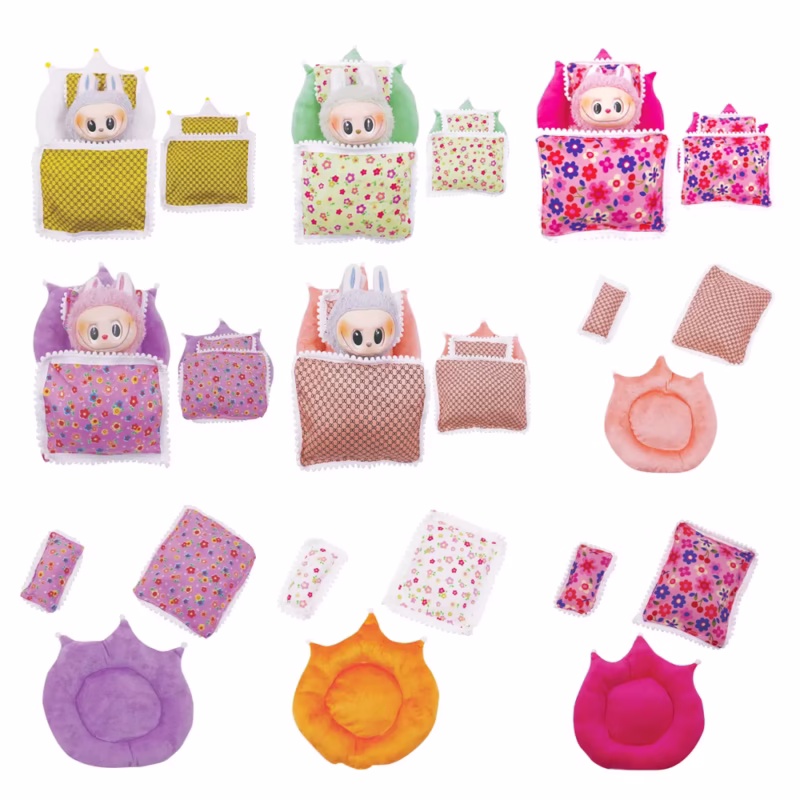 Muñeca Kawaii Labubu, mini saco de dormir, cama con almohada, maravilloso decorado para casa de muñecas, ornamento, muñeca de dibujos animados, accesorios para juguetes, muñeca animada, soportes para juguetes