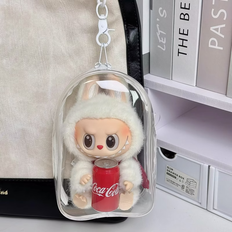 Según LABUBU, caja protectora transparente del factor feliz de Coca Cola, decoración de caja, colgante anti-polvo para mochila