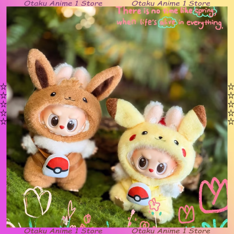 Ropa kawaii para muñecas Labubu 3.0, traje de Pikachu Eevee animado con mochila, ropa mini para muñecas de peluche, accesorios para muñecas de estilo, regalo.
