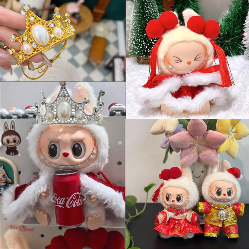 17 cm Labubu. Colección conjunta de ropa de Año Nuevo de Coca Cola Labubu V1v2, ropa de boda personalizada con hermosa corona tocada. Labubu V1v2, ropa de boda personalizada con hermosa corona tocada.