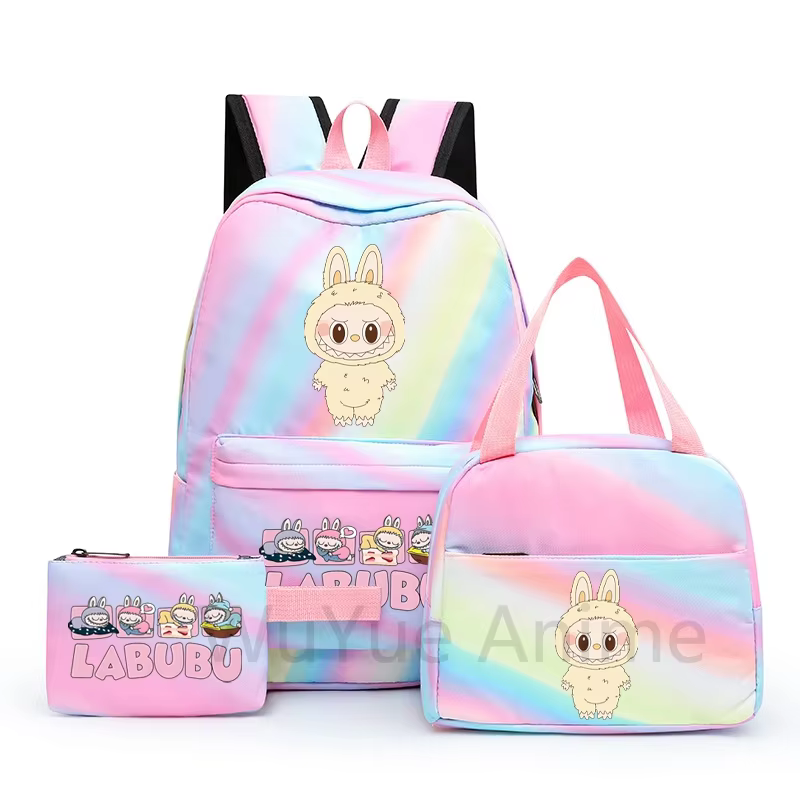 3 unidades/juego Mochilas de dibujos animados con bolsa de almuerzo y estuche de lápices 3 unids/juego Mochila para estudiantes adolescentes, con gran capacidad, colores vívidos