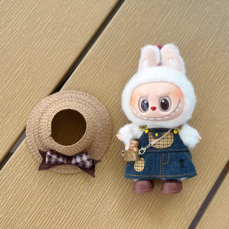 Falda de 17 cm de muñeca de peluche Labubu, conjunto de falda Adorable, accesorios de ropa hecha a mano, regalo, falda con correa para el hombro de mezclilla, falda con sombrero de paja, falda con sombrero de paja. El Labubu - Image 2