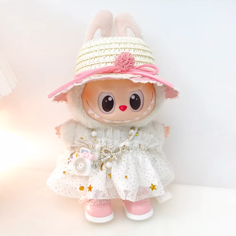 Ropa Labubu para Mini muñeco de peluche de 15-17CM, Vestido de Gasa de Princesa, Falda Estrella Brillante, Collares para la cabeza, Sombrero de paja, más 3 unidades/paquete. como regalo.