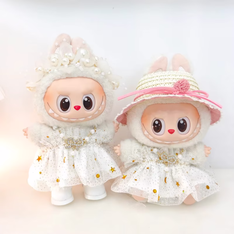 Ropa Labubu para Mini muñeco de peluche de 15-17CM, Vestido de Gasa de Princesa, Falda Estrella Brillante, Collares para la cabeza, Sombrero de paja, más 3 unidades/paquete. como regalo. - Image 2