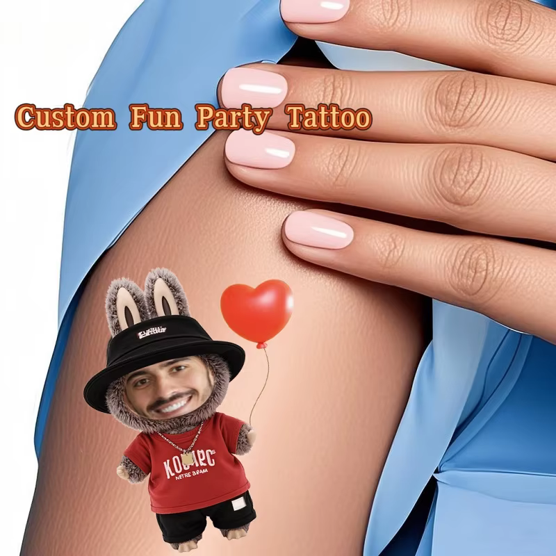 Etiqueta adhesiva con el regalo de cumpleaños de tatuaje de dibujos animados Labubu personalizado y hecho a medida para niños de 15 años en adelante. Maquillaje de fiesta personalizado 15 PCS
