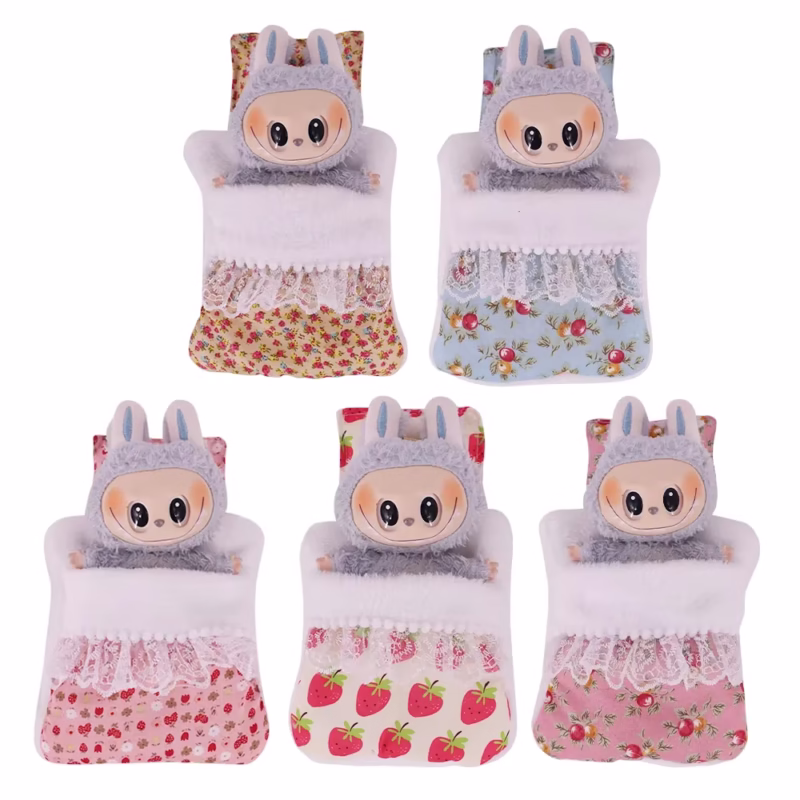 Mini complementos para muñecas de 17 cm para la muñeca Labubu Pop, 3 piezas/juego de cama, edredón y almohada, pijama, saco de dormir, obsequio para el hogar de muñecas, juguetes para niños.