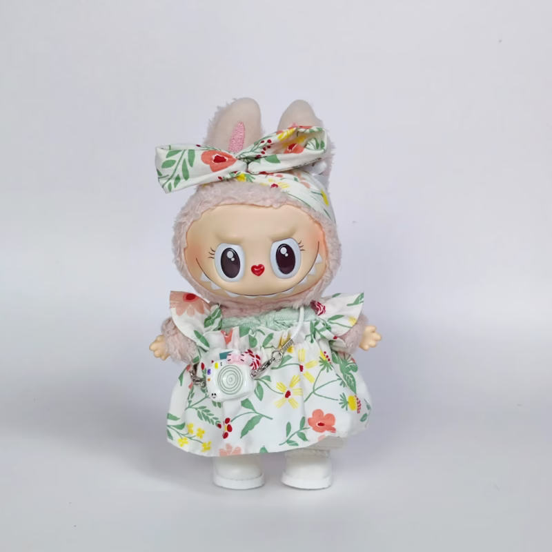 Labubu 1ra Gen y 2da Gen Llavero Pullbu Sit-Sit + Conjunto de vestido de muñeca y falda Kawaii