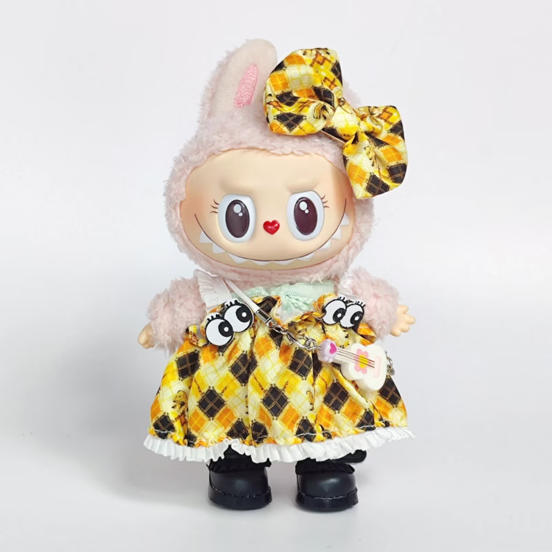 Atuendo mini para muñecas de peluche, accesorios Idol Labubu V1 V2, celebración sentada, dulce falda a cuadros, regalo de vestuario
