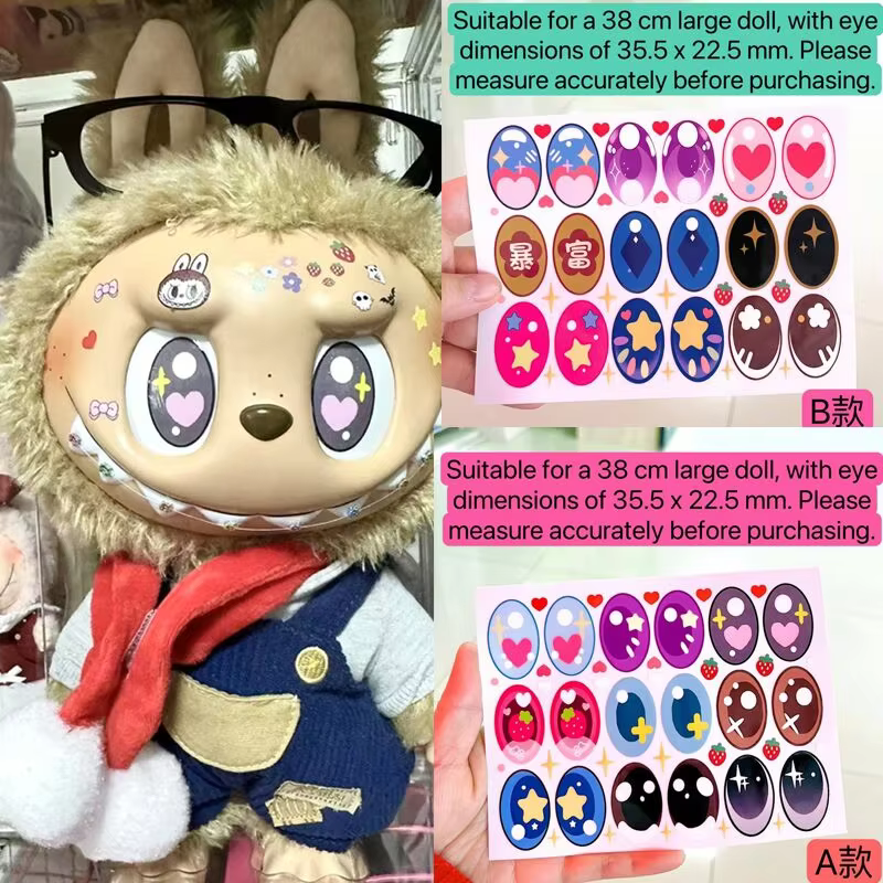 Pegatinas Labubu, conjunto personalizado y sofisticado de pegatinas de ojos de 38 cm, y accesorios de herramientas de maquillaje para muñecas de vinilo.