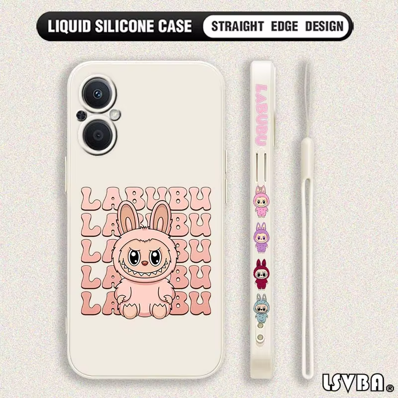 Funda de teléfono de dibujos animados L Labubu para OPPO Reno 8, 7, 6, 5 A96 A78 A74 A72 A58 A53 A40 A54s Lite 5G, con cuerda líquida a la izquierda