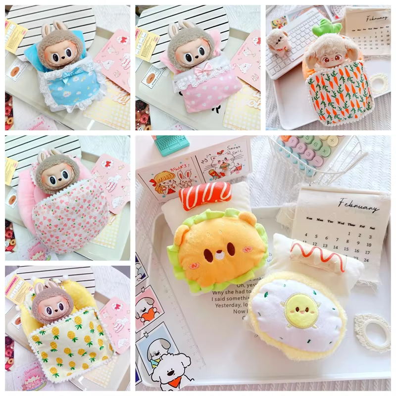 Accesorios para muñecas, juego de cama para Labubu de 17 cm, colchón súper suave para amigos abrazables, y funda de saco de dormir para amigos de peluche, perfecta entrega nocturna.