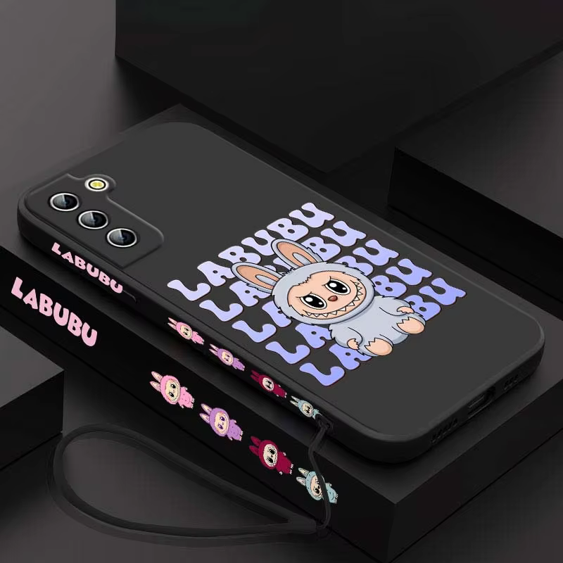 Funda protectora para teléfono con correa líquida de L-Labubu para Apple iPhone 16 15 14 13 12 11 8 XR X Mini Plus Pro Max y superiores con logo animado de L-Labubu