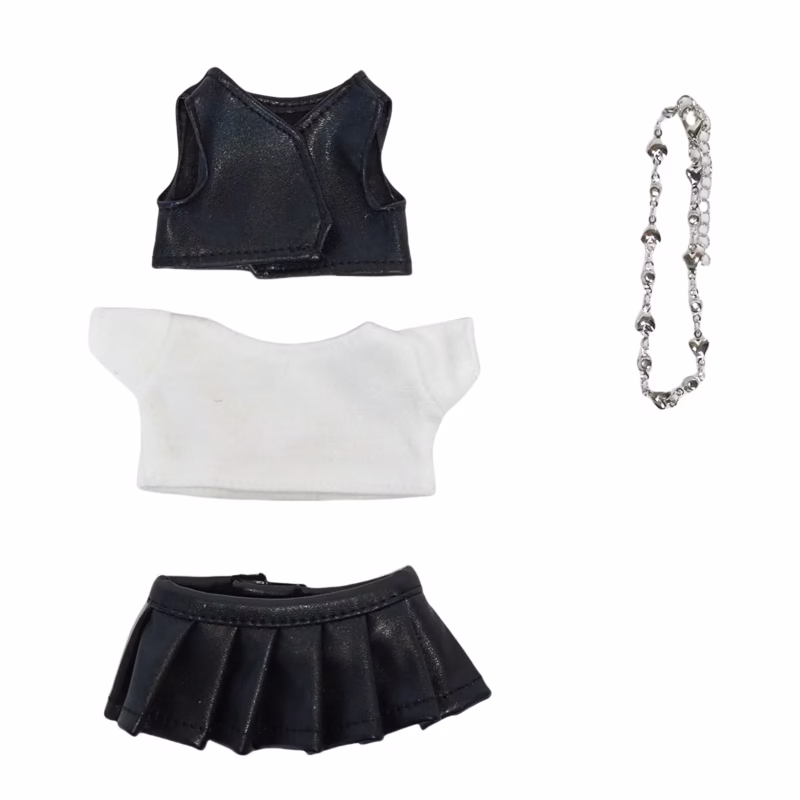 Equipamiento de 15-17 cm para traje de llavero de caja ciega Labubu – Set de cuatro chalecos de cuero sintético para muñeca Labubu en negro. - Image 3