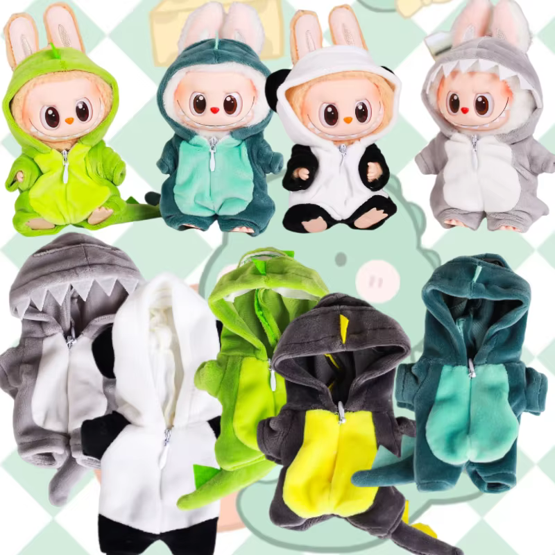 Conjunto de accesorios de atuendo Labubu con un dinosaurio para una muñeca de 15CM, un conjunto de ropa de casa que viene con un mono con capucha y un accesorio, atuendo sin muñeca