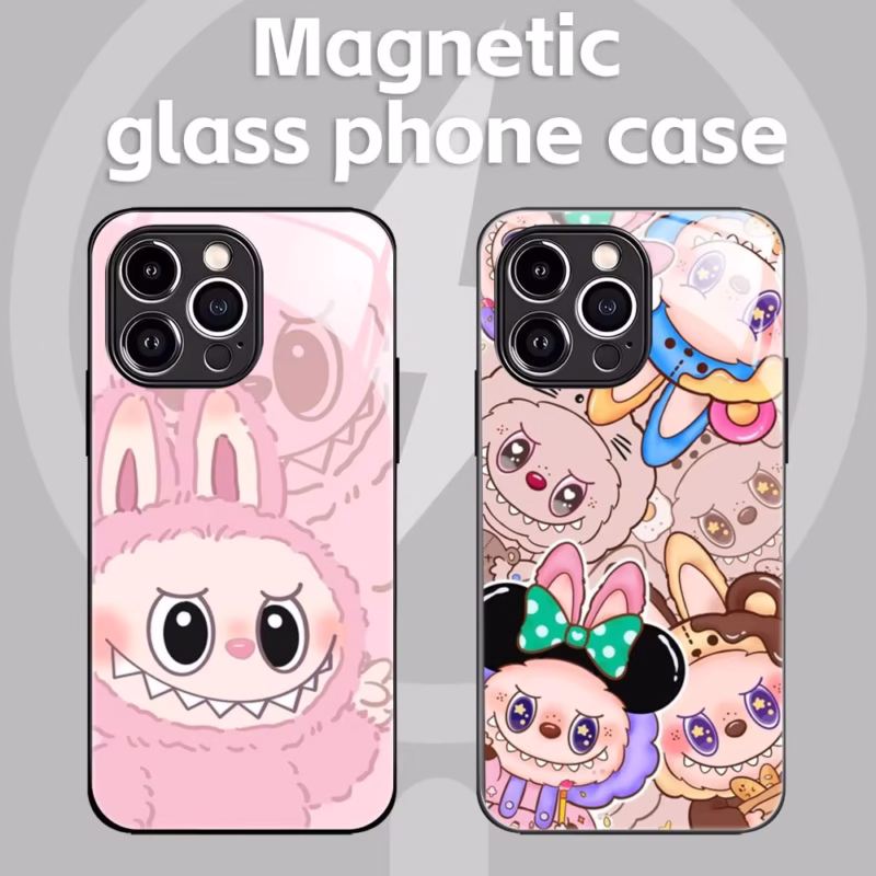 Funda Kawaii de L-LabubuES Cartoon para iPhone 16 15 14 13 12 11 X XR XS 8 Plus Mini Pro Max de vidrio magnético