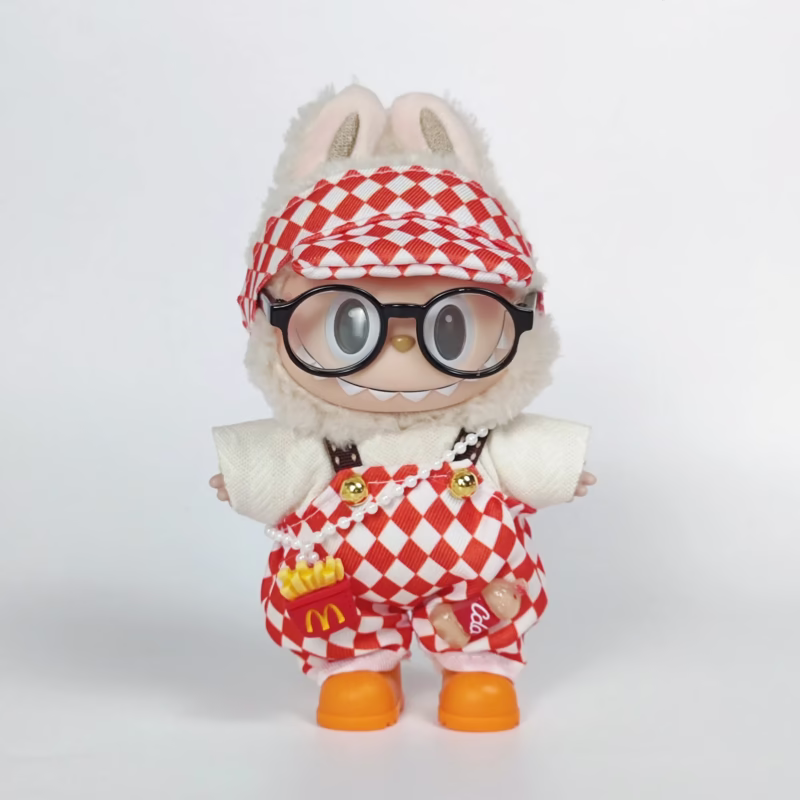 Ropa para disfraz de Labubu de peluche de 15 a 17 cm - llavero de caja ciega de 17 cm, conjunto de ropa para muñeca con overol rojo.
