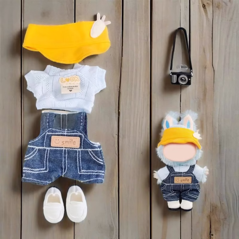 Labubu-Mini muñeca 15-17cm, conjunto de sombrero y delantal de tela de peluche, accesorios, ídolo coreano sentado, atuendo de celebración de muñeca, traje de fiesta hecho a mano, vestido de muñeca.