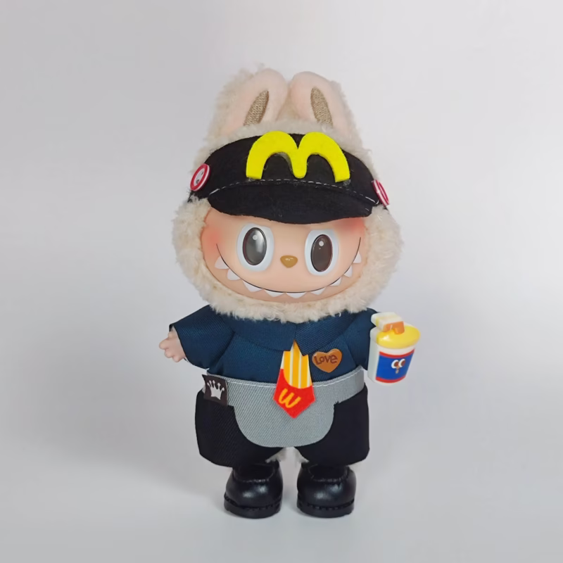 Muñeca de peluche Labubu con relleno de 17 cm, caja con una funda de vinilo ciega, llavero colgante, conjunto de trajes flexibles estilo slider para disfraz de camarera.