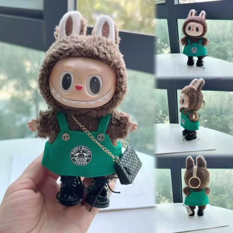 Labubu, indumentaria para muñeca de 17 cm, complementos para vestir monstruos, vestimenta y calzado de café verde de dibujos animados