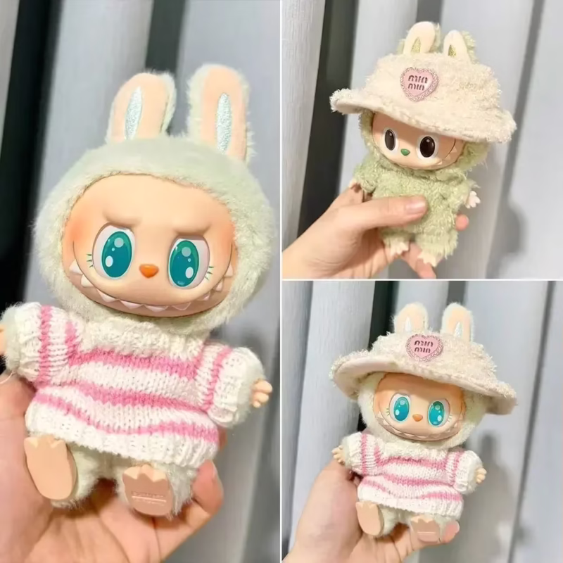 Suéter de rayas rosas y blancas de celebración Labubu V1 V2, ropa de ídolo Suéter de rayas rosas y blancas de celebración Labubu V1 V2. Deslumbrante muñeca, diseño de moda, atuendo de muñeca con suéter y accesorios sentados.