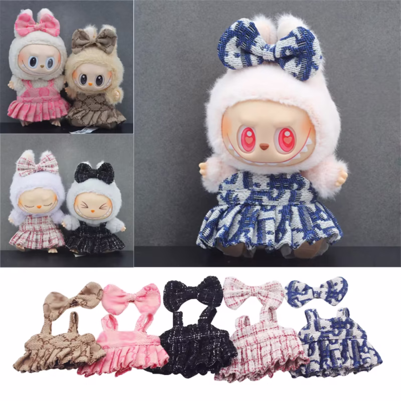 Kaos para la muñeca, vestido de lujo con diadema y lazo de Labubus, muñeca Labubus de 17 cm, vestido para un juego de fiesta sentado, juego de juguetes, accesorios de juguetes