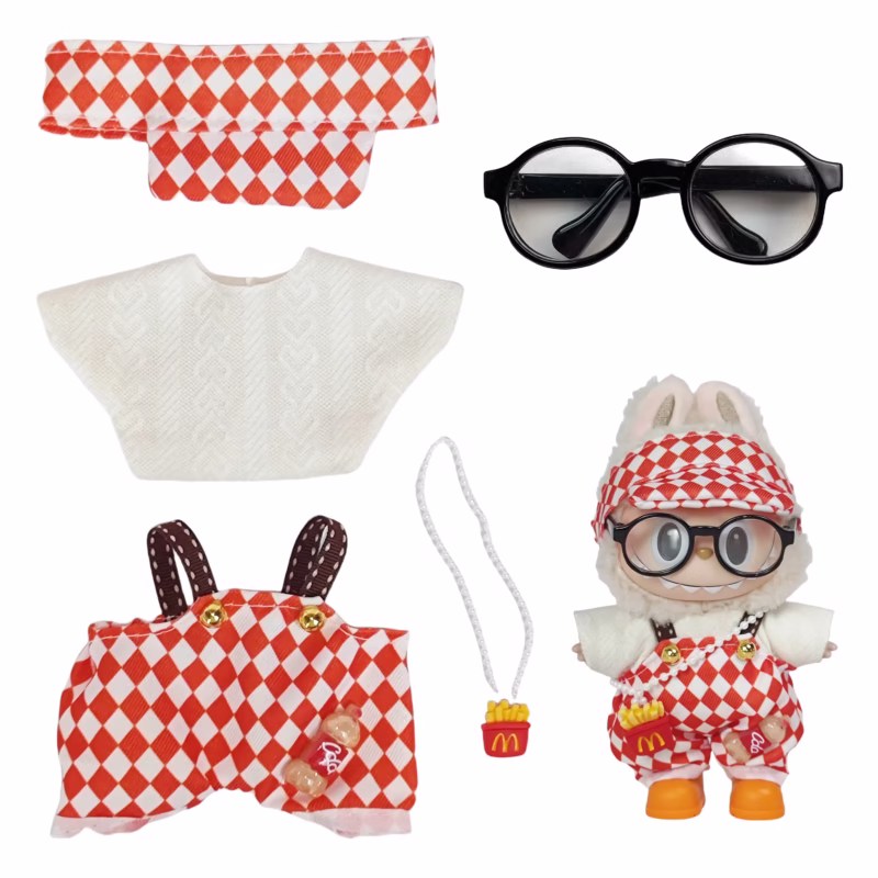 Ropa para disfraz de Labubu de peluche de 15 a 17 cm - llavero de caja ciega de 17 cm, conjunto de ropa para muñeca con overol rojo. - Image 2