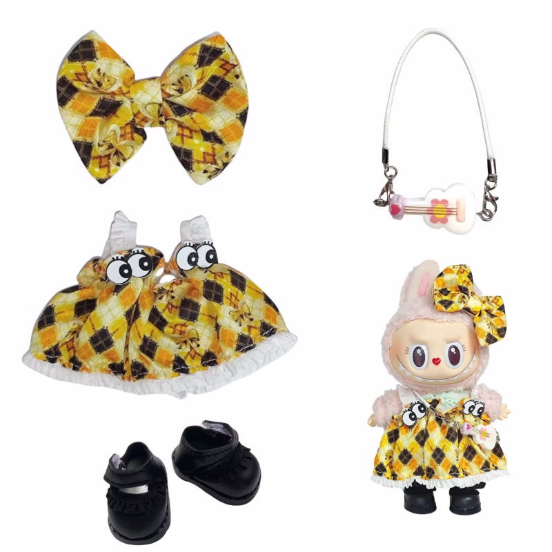 Atuendo mini para muñecas de peluche, accesorios Idol Labubu V1 V2, celebración sentada, dulce falda a cuadros, regalo de vestuario - Image 4