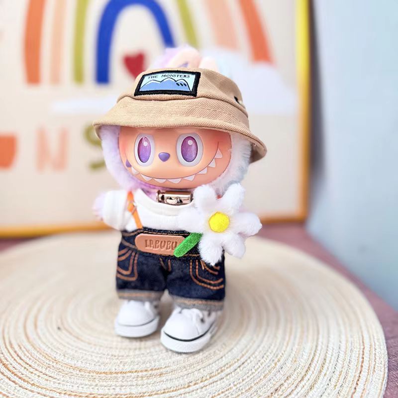 Artículos decorativos, accesorios de disfraz de monstruo, regalos de monstruo cambiador, overoles de primavera Labubu de calidad y sombrero cúbico, ropa de muñeca Labubu de 17 cm