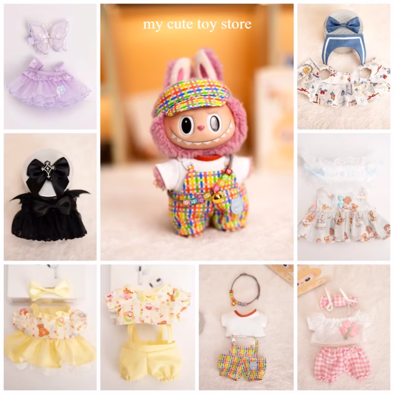 Set de Ropa Infantil Labubu de 17 cm (chapada, suave, body de cuadros, y muñequita de chapas Labubu) junto con Ropa de 17 cm y un suave Labubu monkus, un atuendo de monkus y Ropa de Bebé.