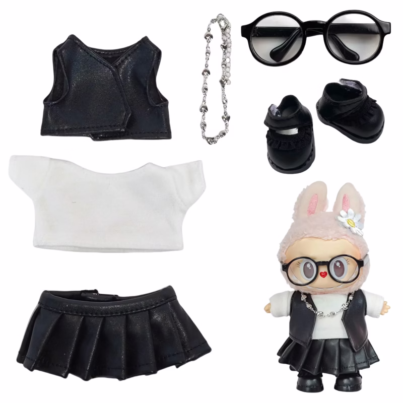 Equipamiento de 15-17 cm para traje de llavero de caja ciega Labubu – Set de cuatro chalecos de cuero sintético para muñeca Labubu en negro. - Image 5