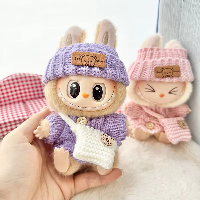 Fabuloso vestido para muñecas de 17 cm, Labubu, hecho a mano para cumpleaños y regalos de Navidad. Suéter elegante, bolso de mano, atuendo, ídolo monstruo, accesorios para disfrazar.
