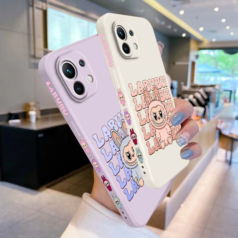Funda de teléfono de dibujos animados L-Labubu con logo para Xiaomi Mi 15, 14, 13, 12, 11, 9, 13T, 12T, 11T, 10T, 11i Lite Pro 5G y correa líquida izquierda y soporte