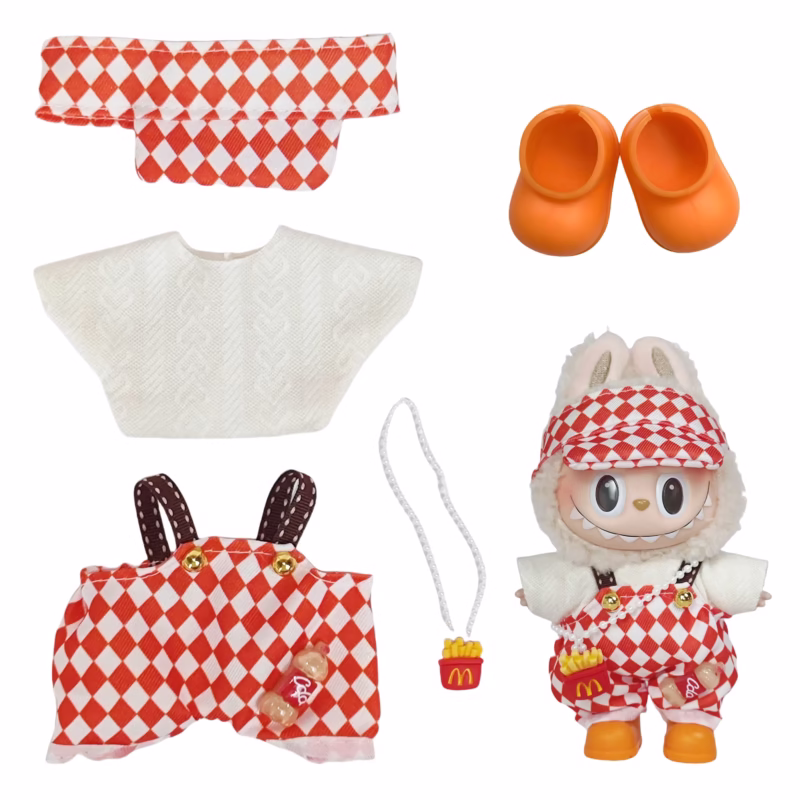 Ropa para disfraz de Labubu de peluche de 15 a 17 cm - llavero de caja ciega de 17 cm, conjunto de ropa para muñeca con overol rojo. - Image 4