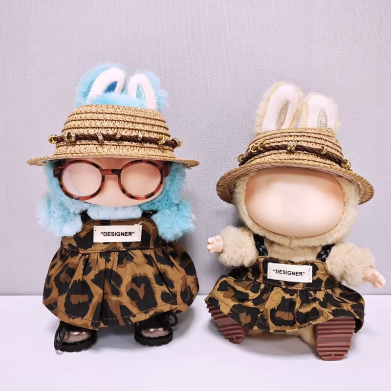 Conjunto para muñecas de peluche, falda con tirantes a rayas, ropa mini para muñecas de 15-17 cm, vestuario Labubu con accesorios extra, decoración para juguete colgante.