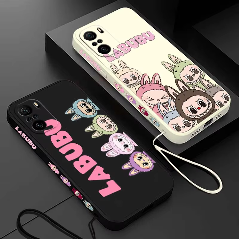 L-labubu, la funda de arte animado para Xiaomi Redmi Note 14, 13, 12, 11, 10, 9, 8 Pro Plus 4G 5G, funda de silicona líquida para el lado izquierdo del teléfono con correa