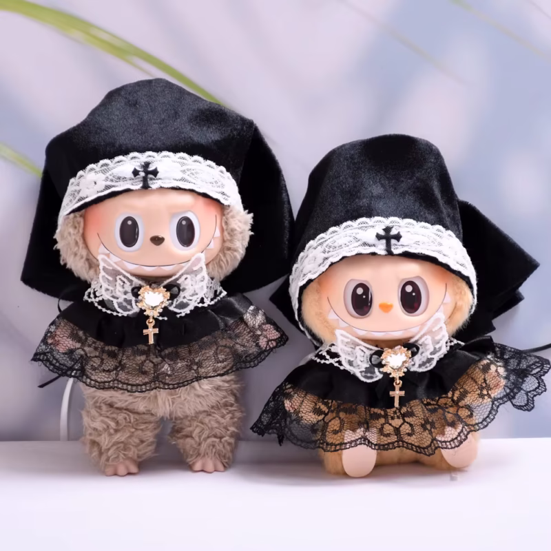 Ropa de muñecas para las muñecas Labubu de 15 - 17 cm V1 V2 V3 figura idol de peluche, vestido de muñeca con accesorios, pieza de cabeza, chal, 2 piezas por paquete, decoración de ropa personalizada, regalo para fans, regalo para tus fans - Image 3